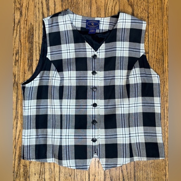 Vintage Tops - Vintage Black Beige Plaid Button Down Vest Large Preppy Y2K Lagenlook Academia